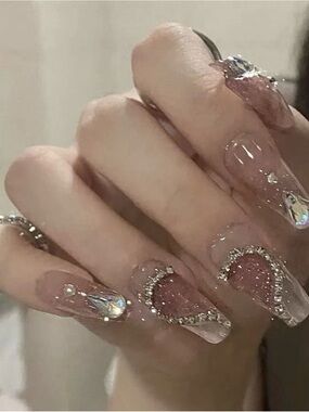 Sparkling Nude Pink Press-On Nails with Heart Rhinestone Accents